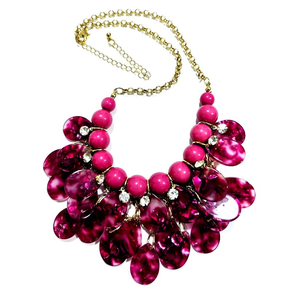 Fuschia Pink & Gold Bib Statement 14.5" Necklace